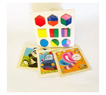 Set, 3 puzzle me figura dhe 1 puzzle gjeometrik, dru